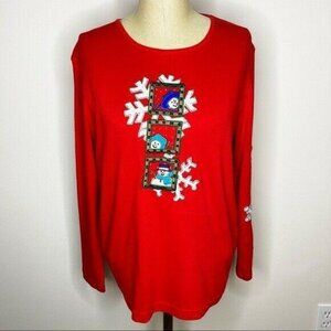 Hampshire Studio Top Womens Size L Snow Snowman Red Embroidered Embellished